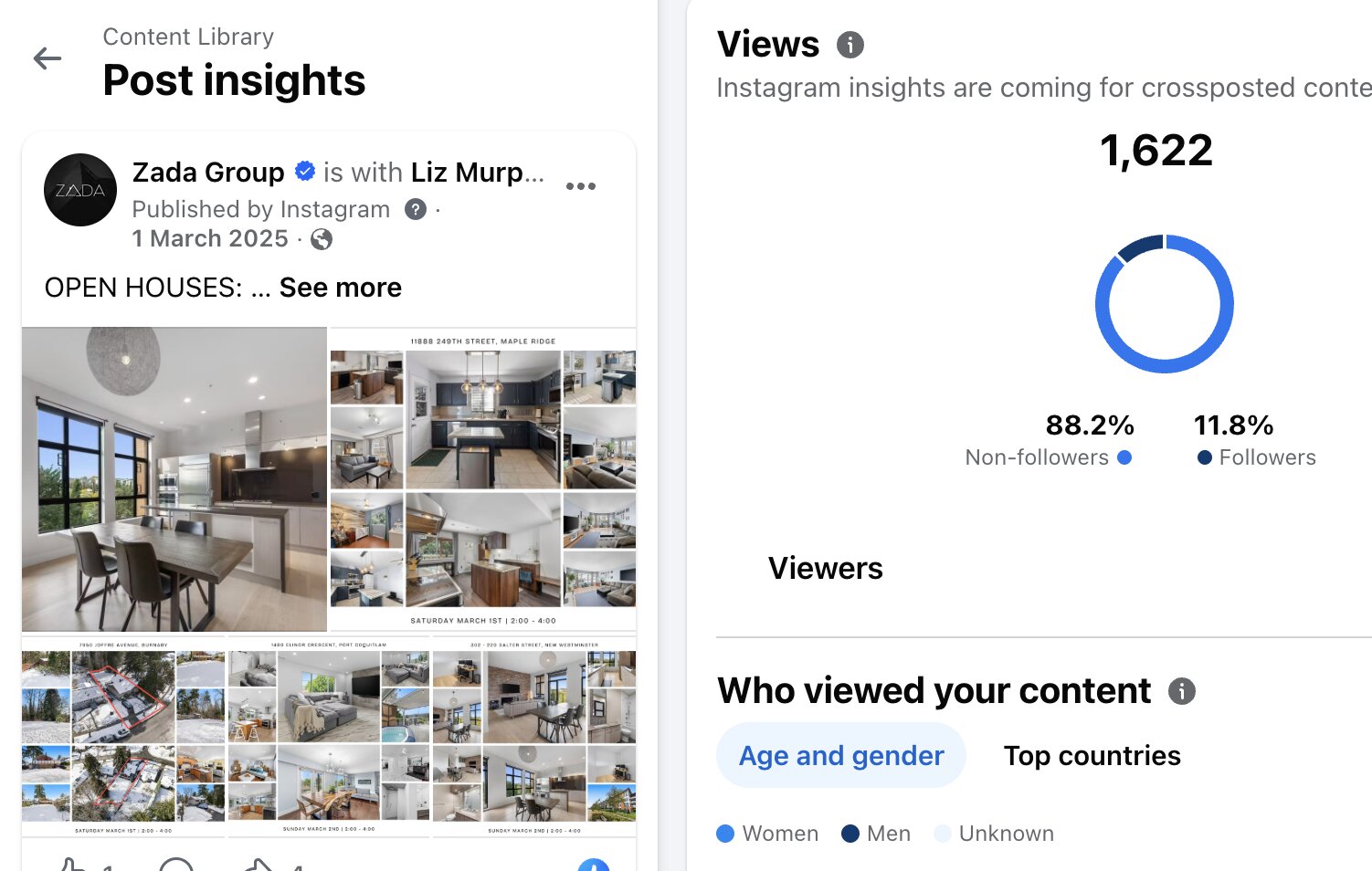 Meta insights showing 1,622 views and 88% non-follower reach
